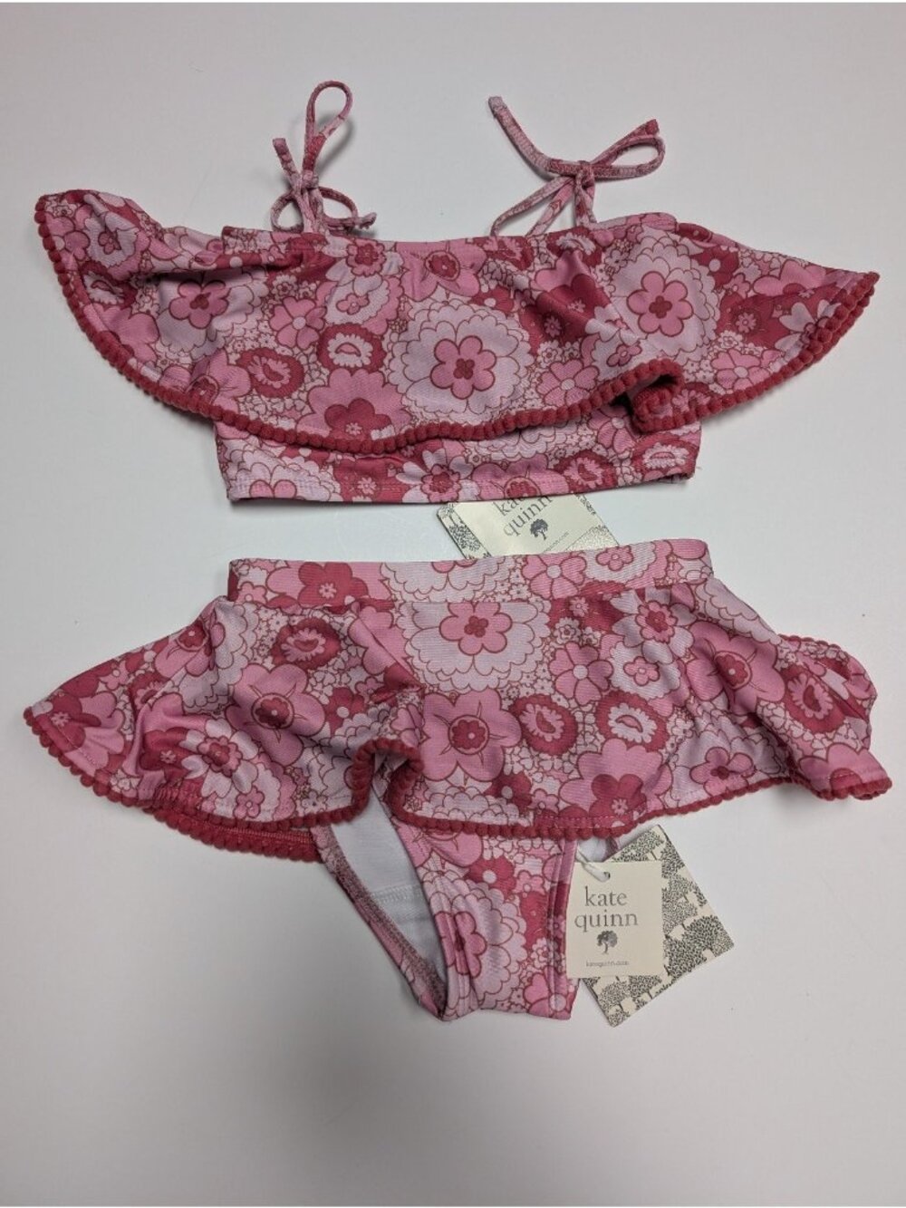Kate Quinn Ruffle Pom Pom Bikini Swimsuit 3T Mid-Century Floral Modburst 2pc
